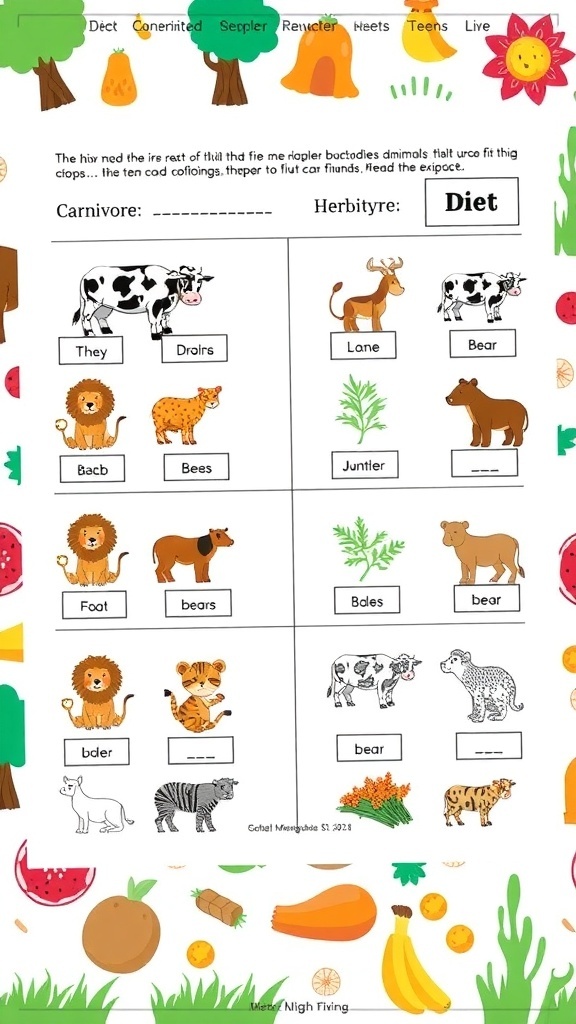 Educational worksheet showcasing carnivores, herbivores, and omnivores with animal illustrations.